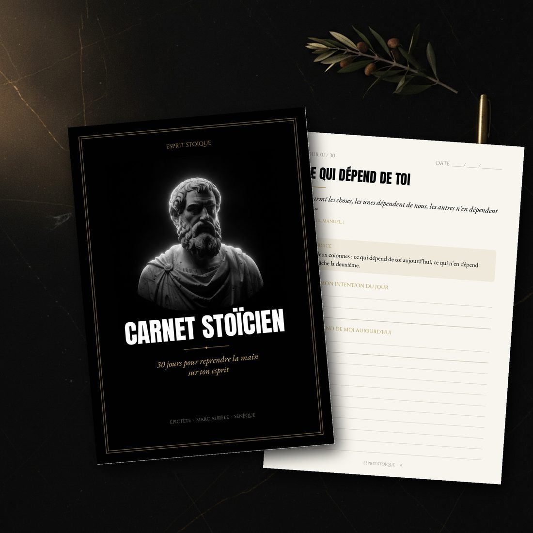 Le Carnet stoïcien : couverture noire et or et page du jour 1