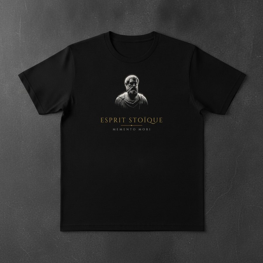 T-shirt noir Esprit Stoïque, devant : buste et inscription dorée